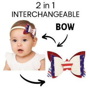 4th of July Baby Girl 4” Bow Headband 2 in 1 Interchangeable Nylon USA Patriotic